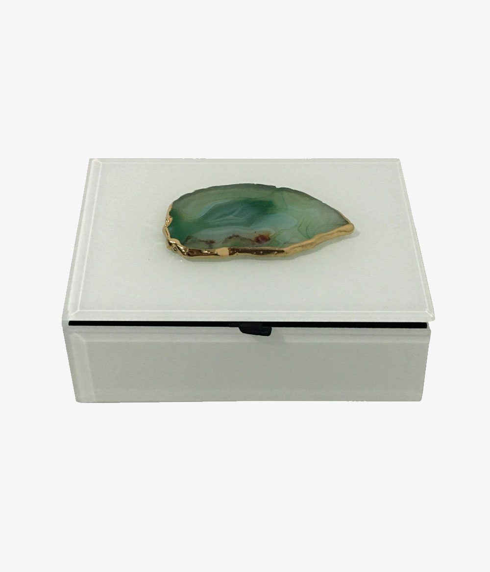 Caixa Decorativa Branca com Pedra Agata Verde