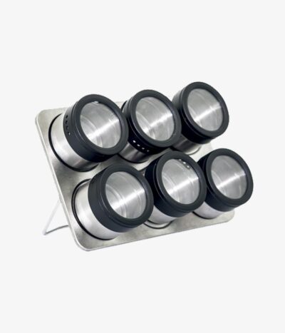Jogo de 6 porta condimentos em inox com suporte reto